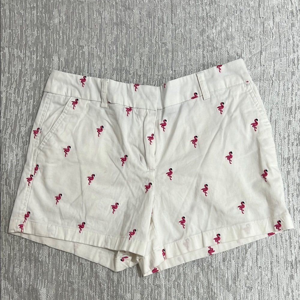 Cambridge Dry Goods Women's Embroidered Flamingo Chino Shorts White Pink Size 6